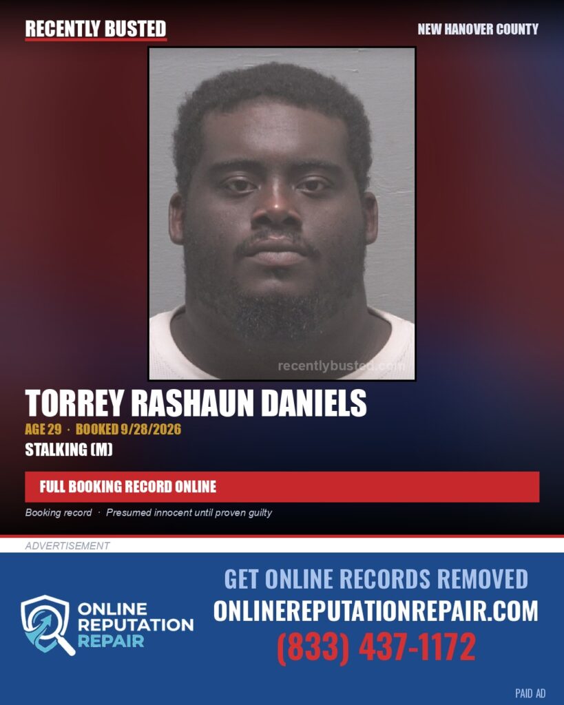 TORREY RASHAUN DANIELS — arrest record card, New Hanover