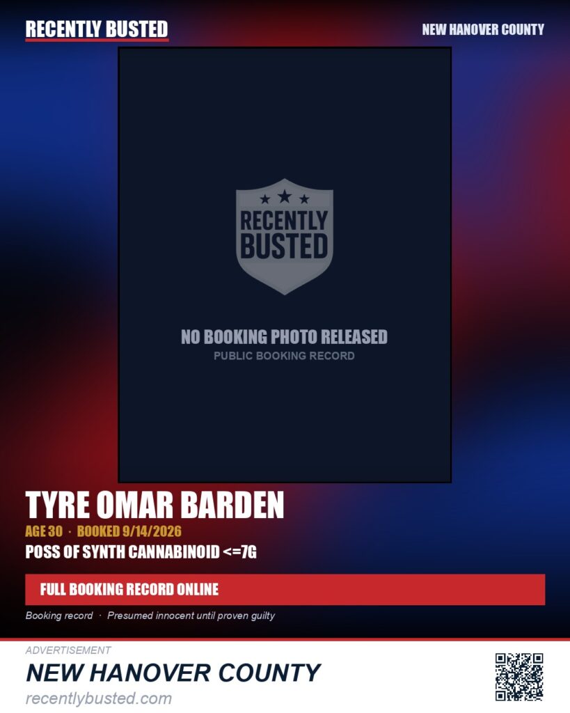 TYRE OMAR BARDEN — arrest record card, New Hanover