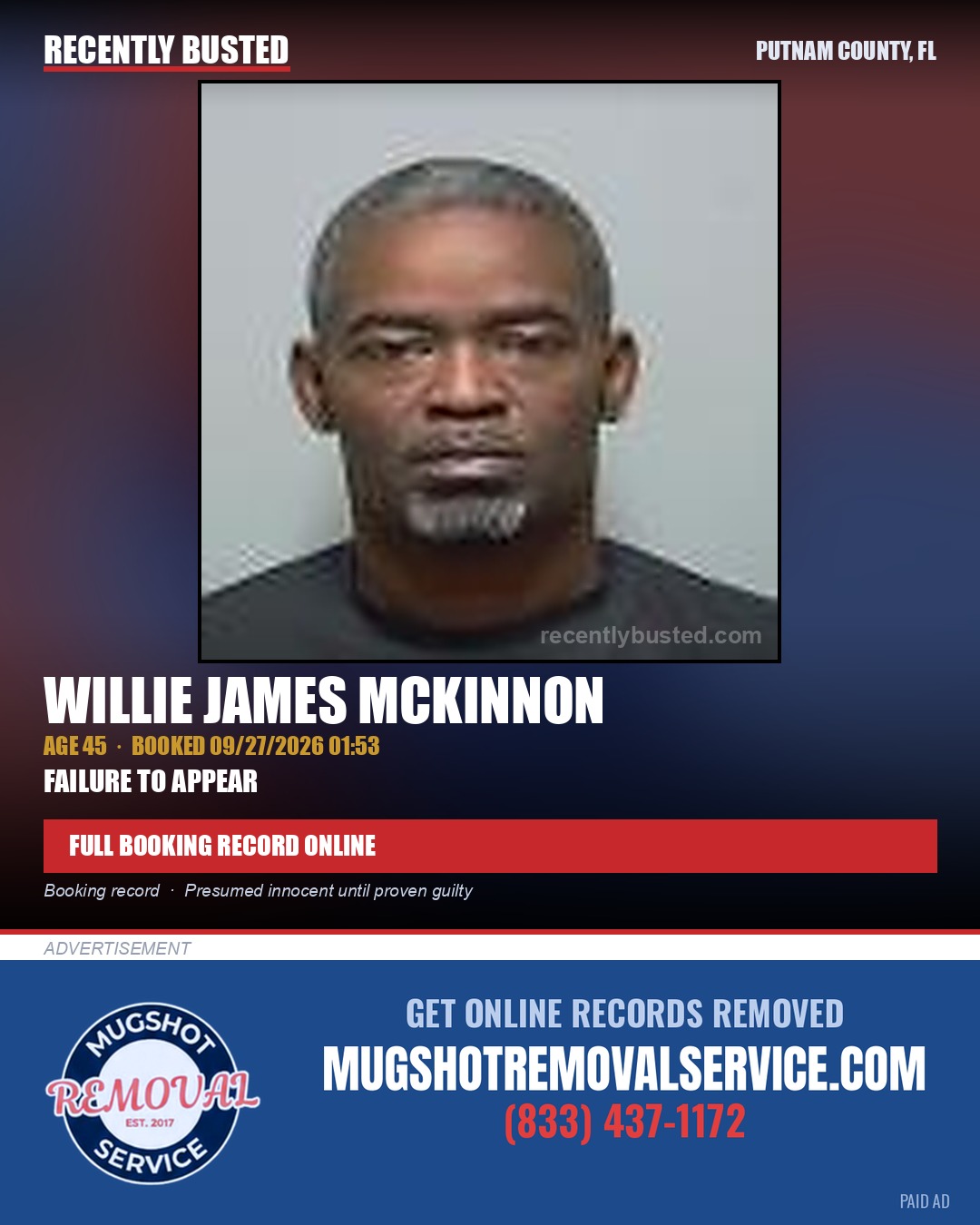 Willie James Mckinnon — arrest record card, Putnam County, Florida
