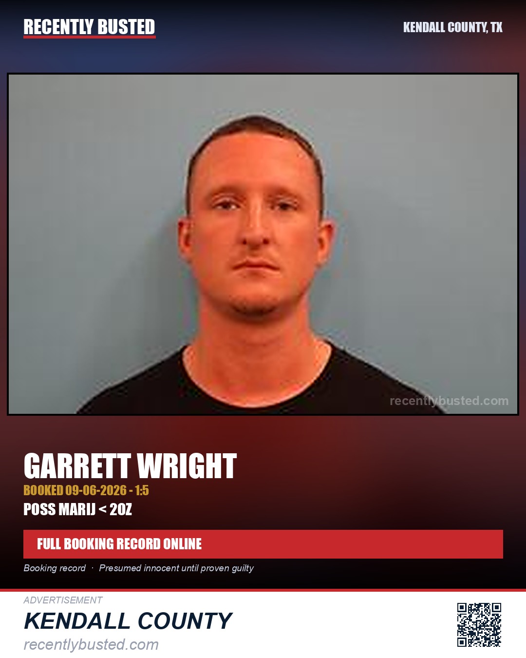 Wright, Garrett — arrest record card, Kendall County, Texas