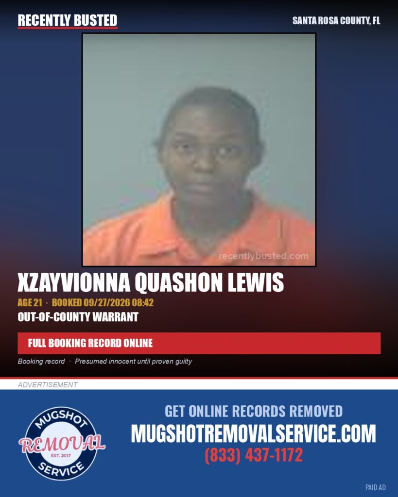 Xzayvionna Quashon Lewis — arrest record card, Santa Rosa County, Florida