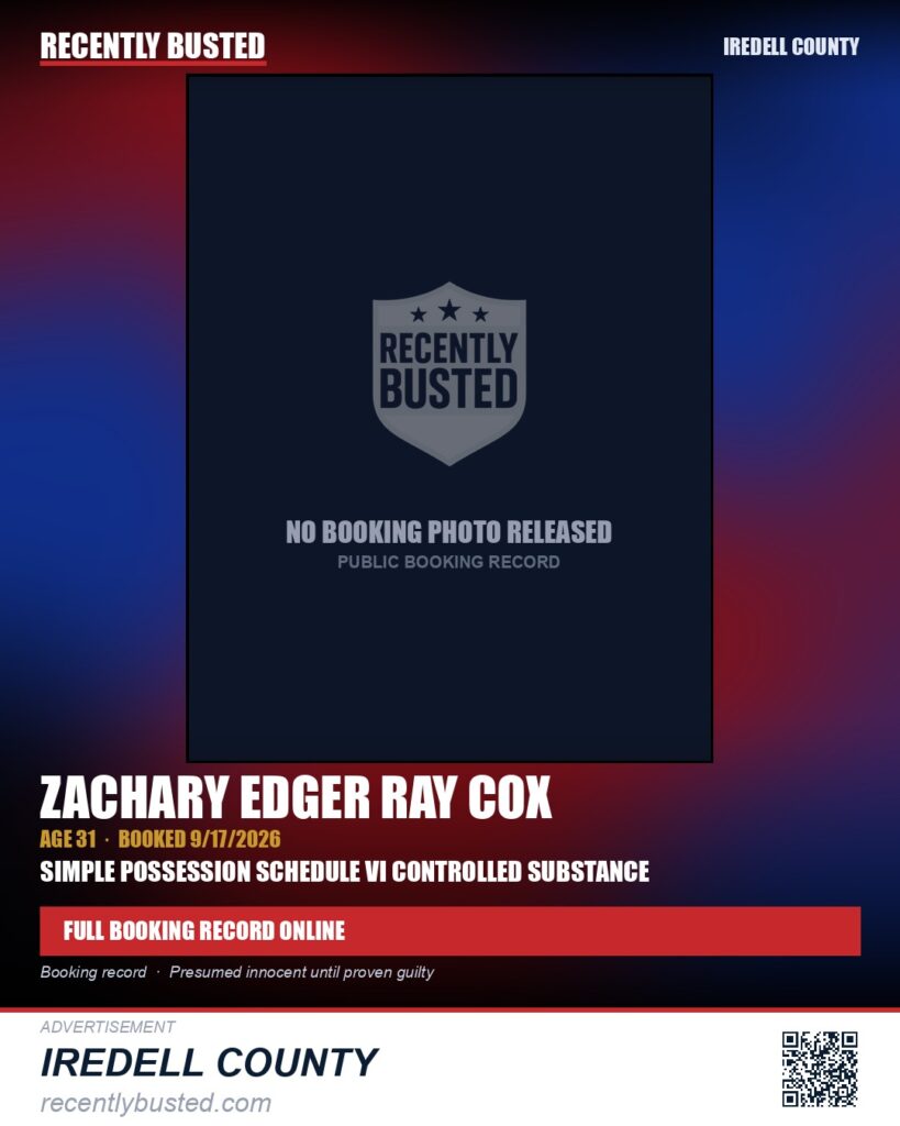 ZACHARY EDGER RAY COX — arrest record card, Iredell County