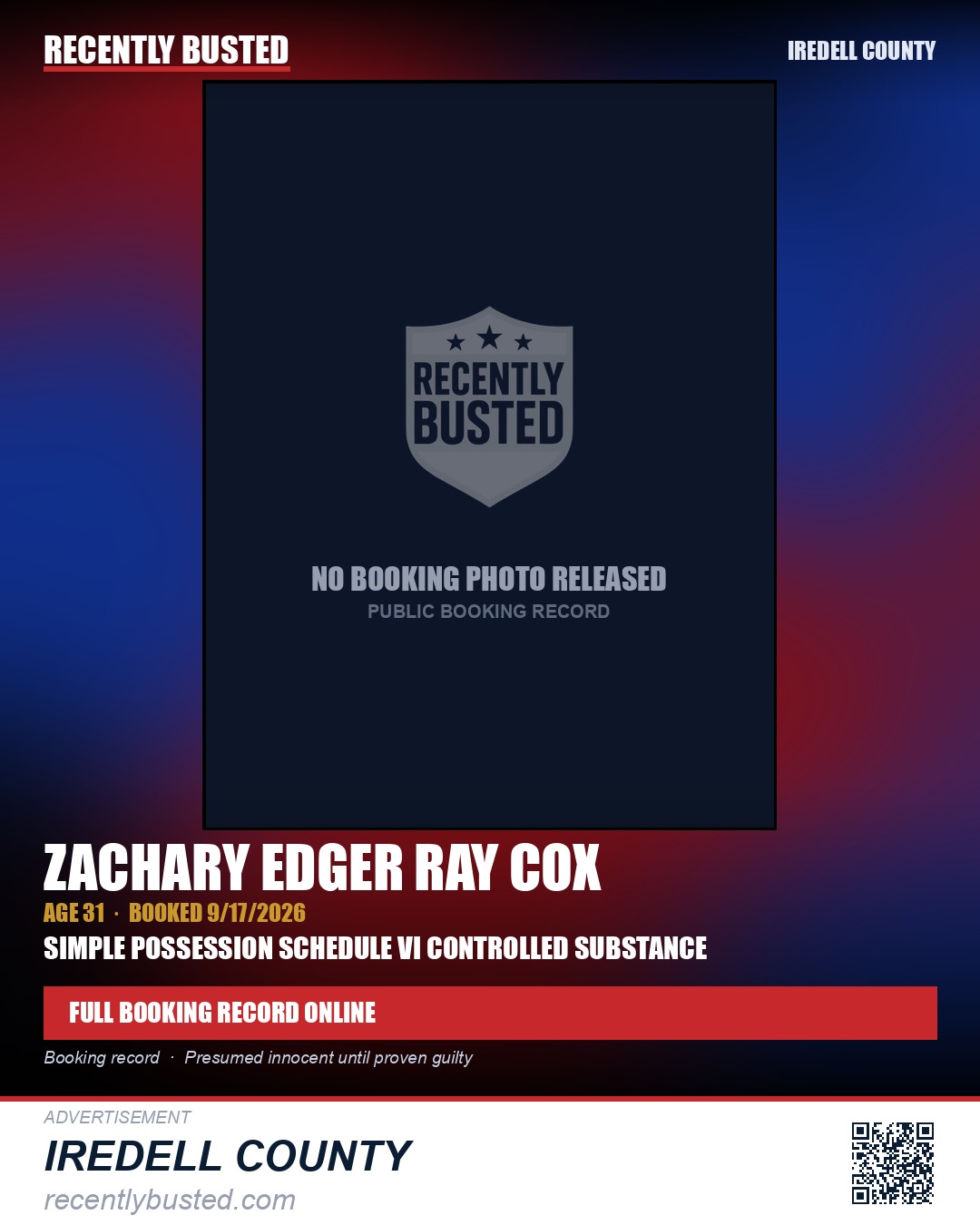 ZACHARY EDGER RAY COX — arrest record card, Iredell County