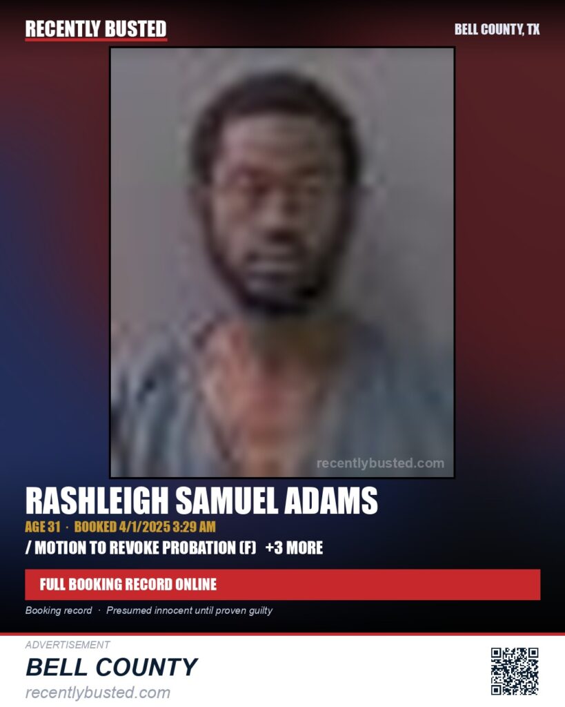 ADAMS, RASHLEIGH SAMUEL — arrest record card, Bell County, Texas