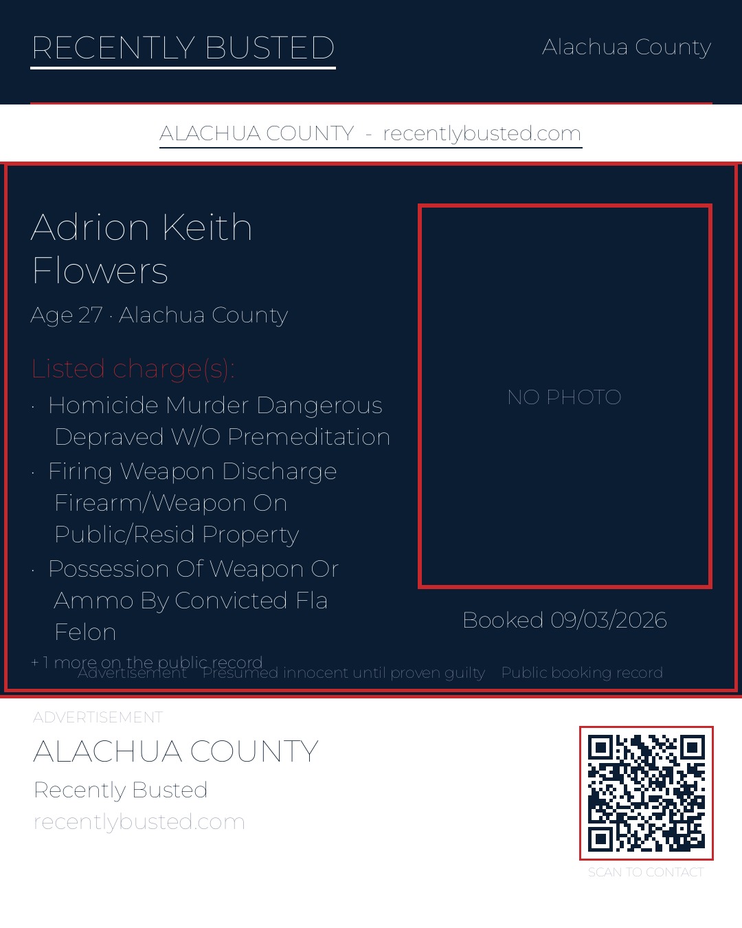 Adrion Keith Flowers — arrest record card, Alachua County, Florida