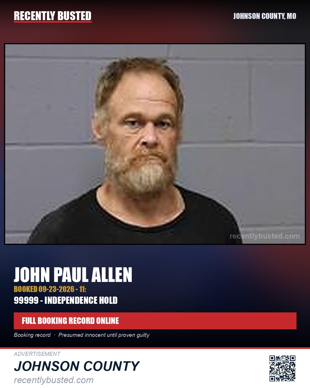 ALLEN, JOHN PAUL — arrest record card, Johnson County, Missouri