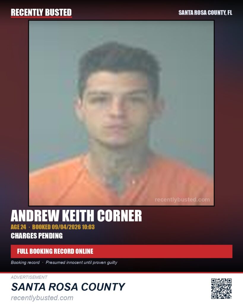 Andrew Keith Corner — arrest record card, Santa Rosa County, Florida