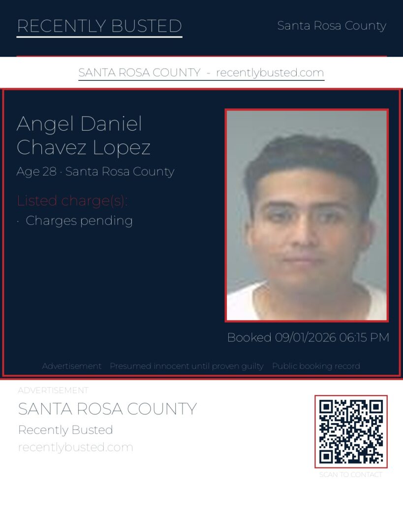 Angel Daniel Chavez Lopez — arrest record card, Santa Rosa County, Florida