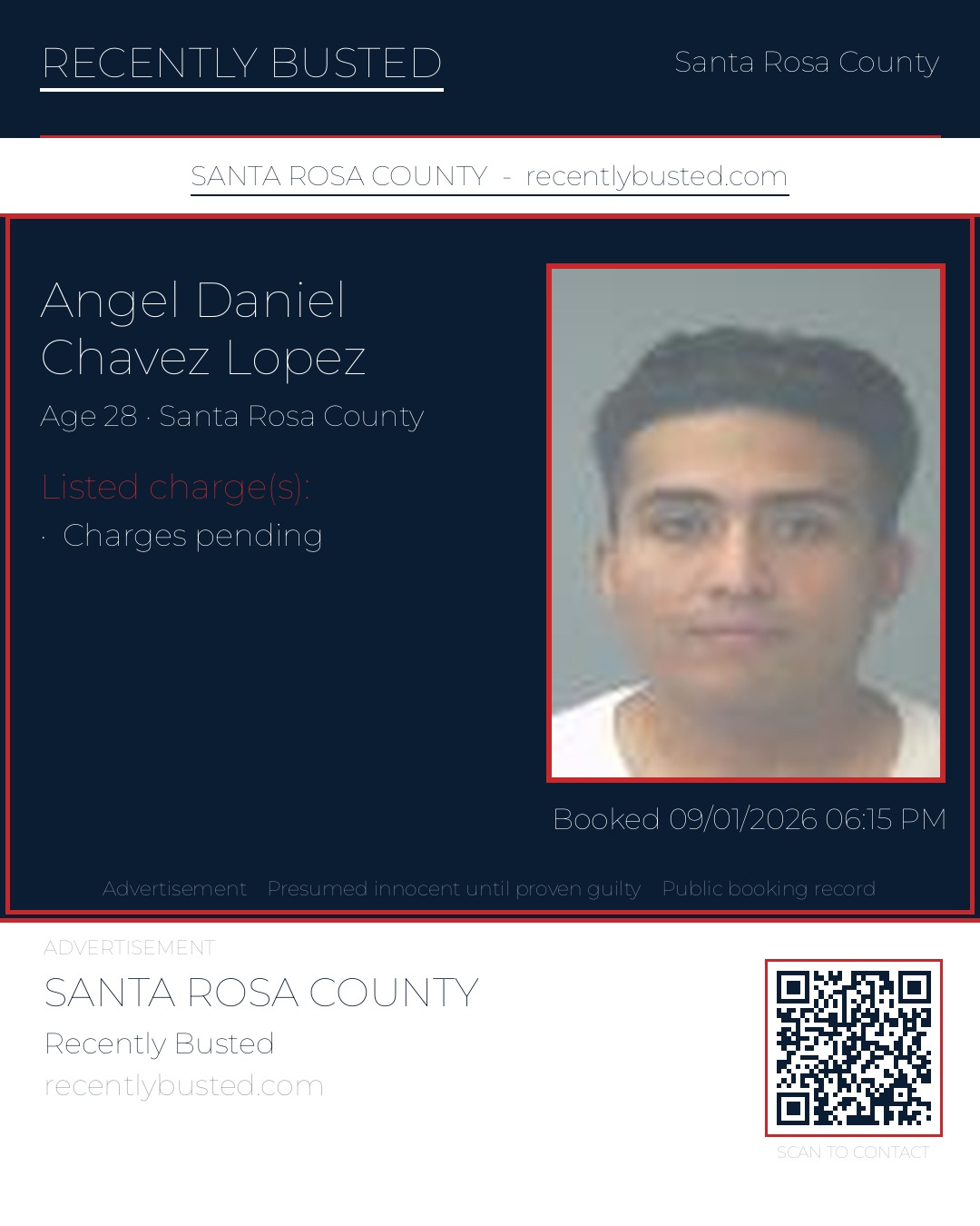 Angel Daniel Chavez Lopez — arrest record card, Santa Rosa County, Florida