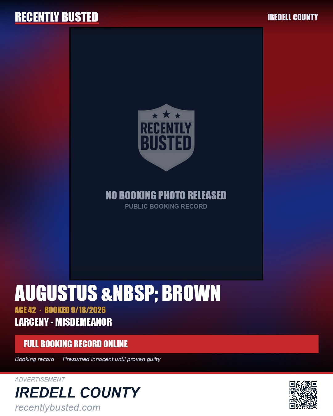AUGUSTUS BROWN — arrest record card, Iredell County