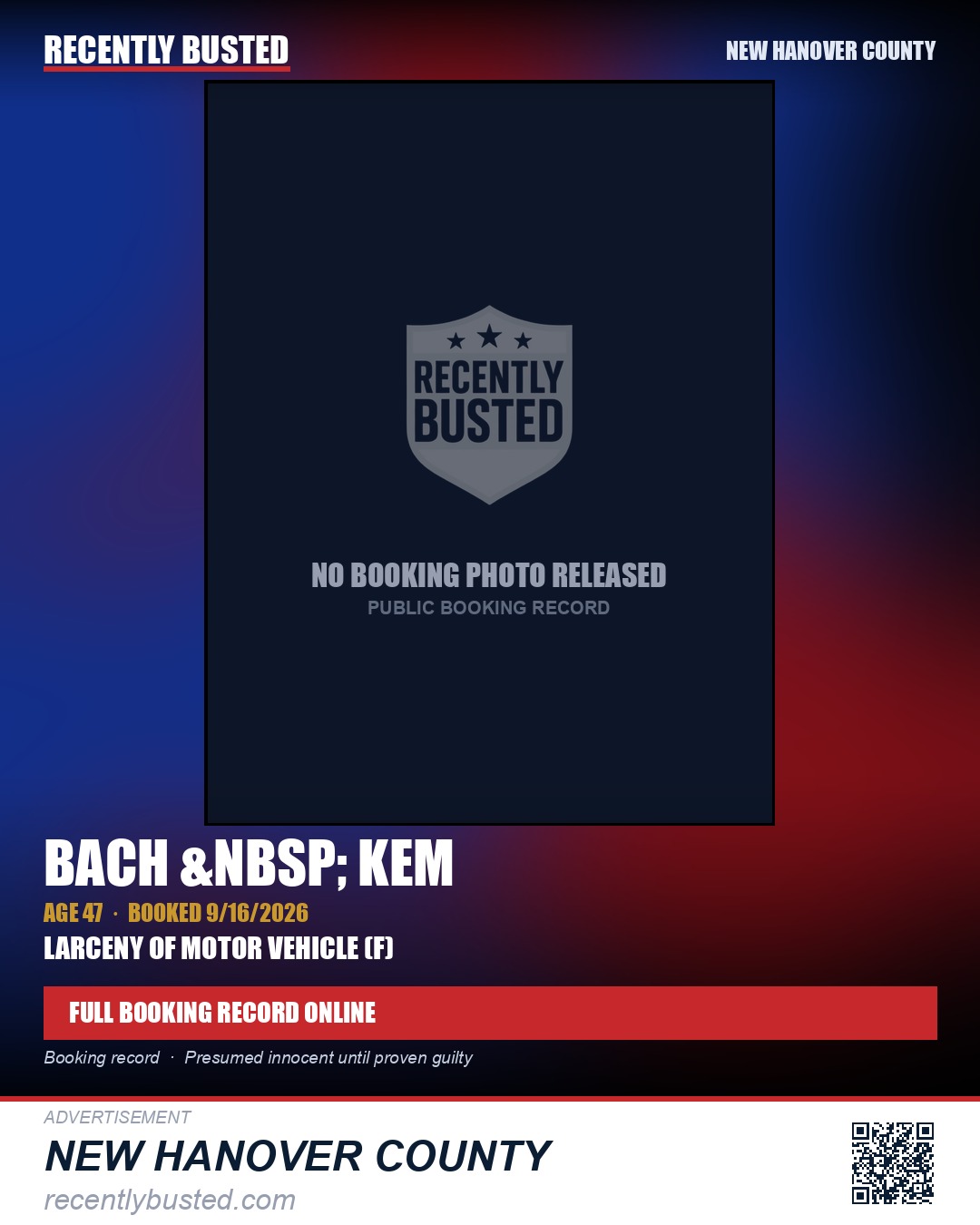 BACH KEM — arrest record card, New Hanover County