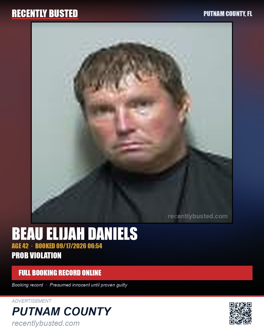 Beau Elijah Daniels — arrest record card, Putnam County, Florida