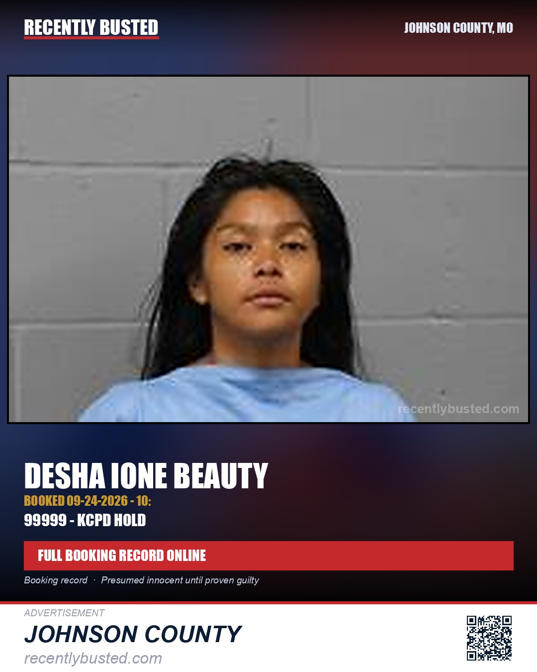 BEAUTY, DESHA IONE — arrest record card, Johnson County, Missouri