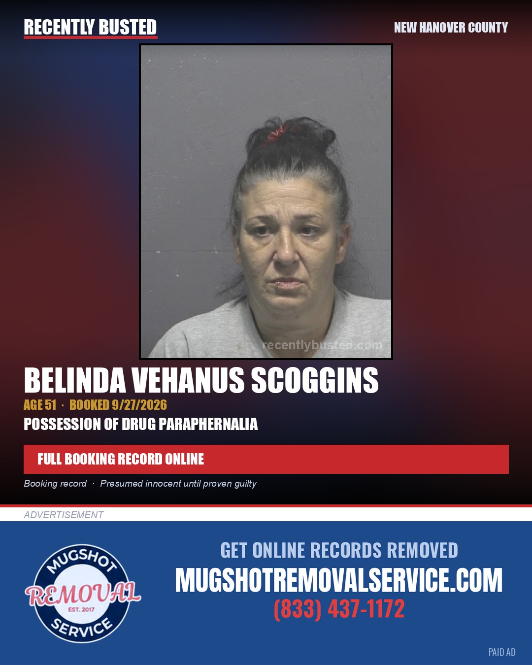 BELINDA VEHANUS SCOGGINS — arrest record card, New Hanover County