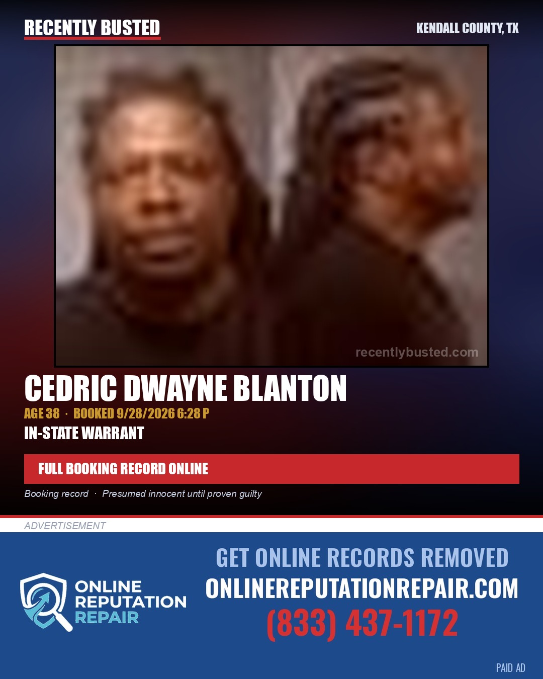 BLANTON, CEDRIC DWAYNE — arrest record card, Kendall County, Illinois