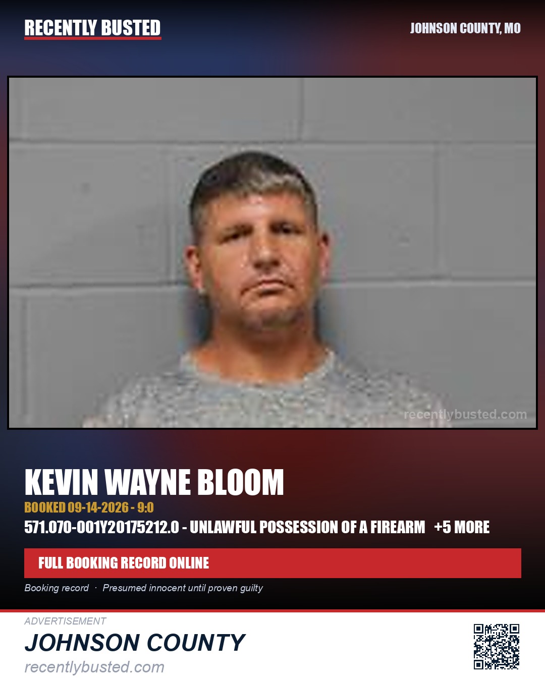 BLOOM, KEVIN WAYNE — arrest record card, Johnson County, Missouri