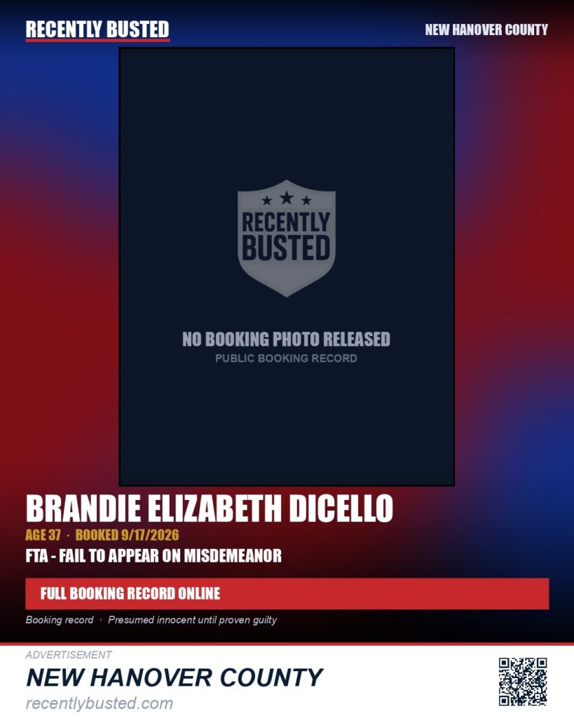 BRANDIE ELIZABETH DICELLO — arrest record card, New Hanover
