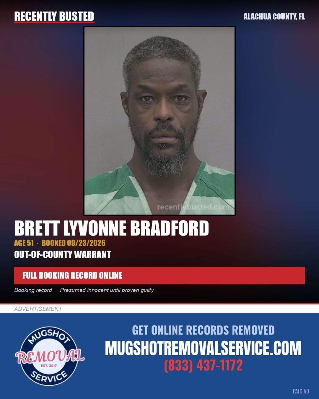 Brett Lyvonne Bradford — arrest record card, Alachua County, Florida