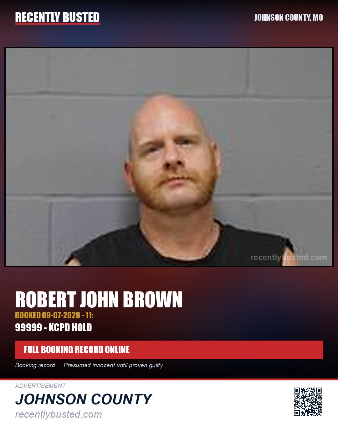BROWN, ROBERT JOHN — arrest record card, Johnson County, Missouri