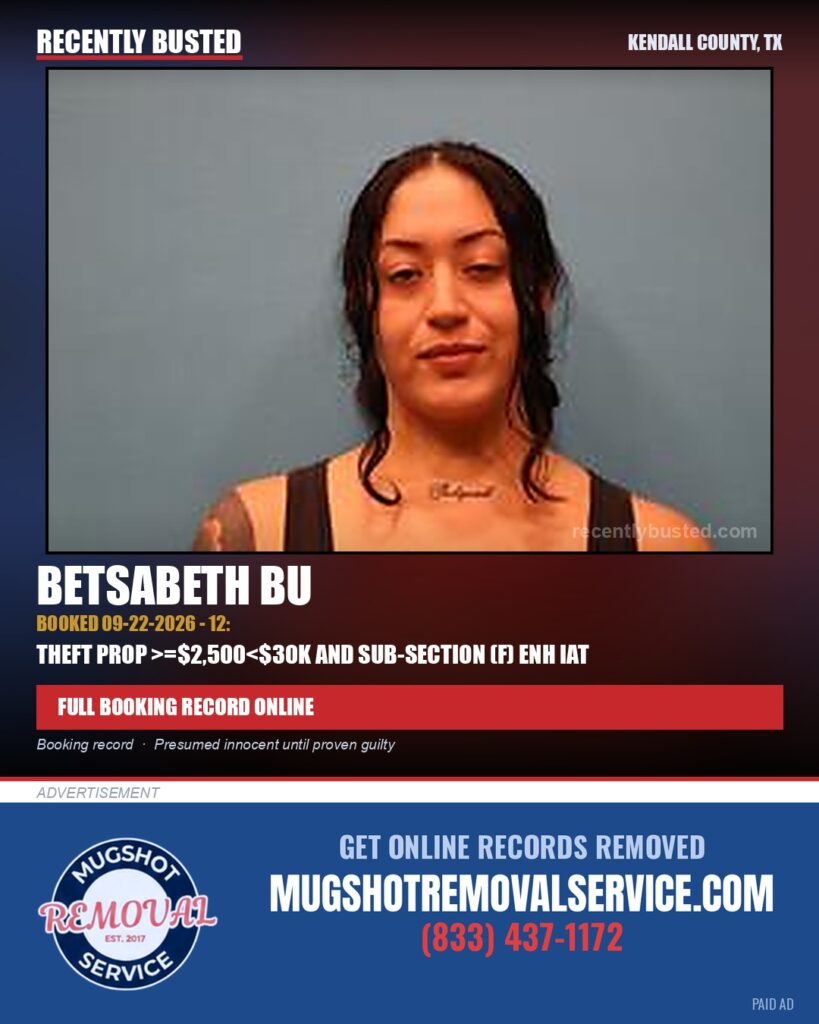 Bu, Betsabeth — arrest record card, Kendall County, Texas