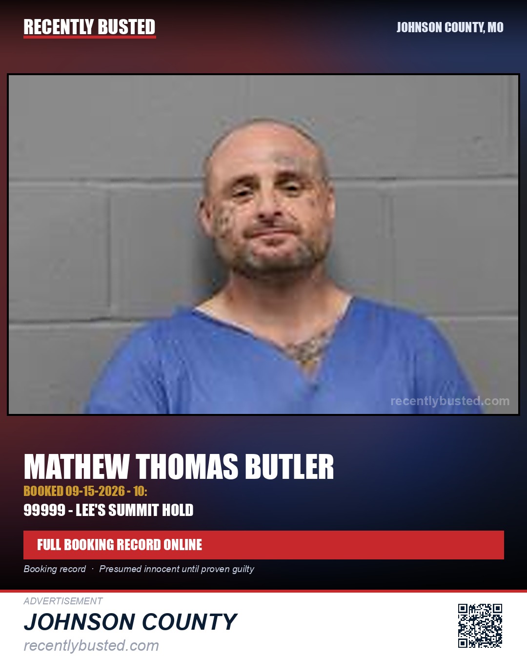 BUTLER, MATHEW THOMAS — arrest record card, Johnson County, Missouri