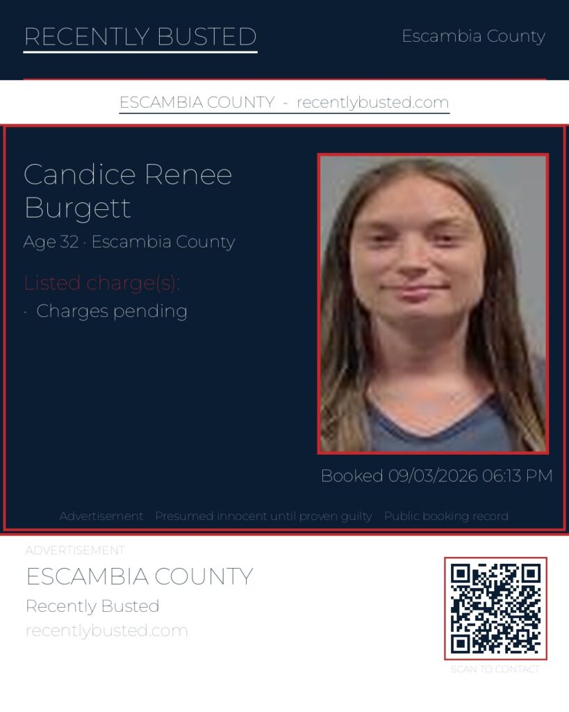 Candice Renee Burgett — arrest record card, Escambia County, Florida