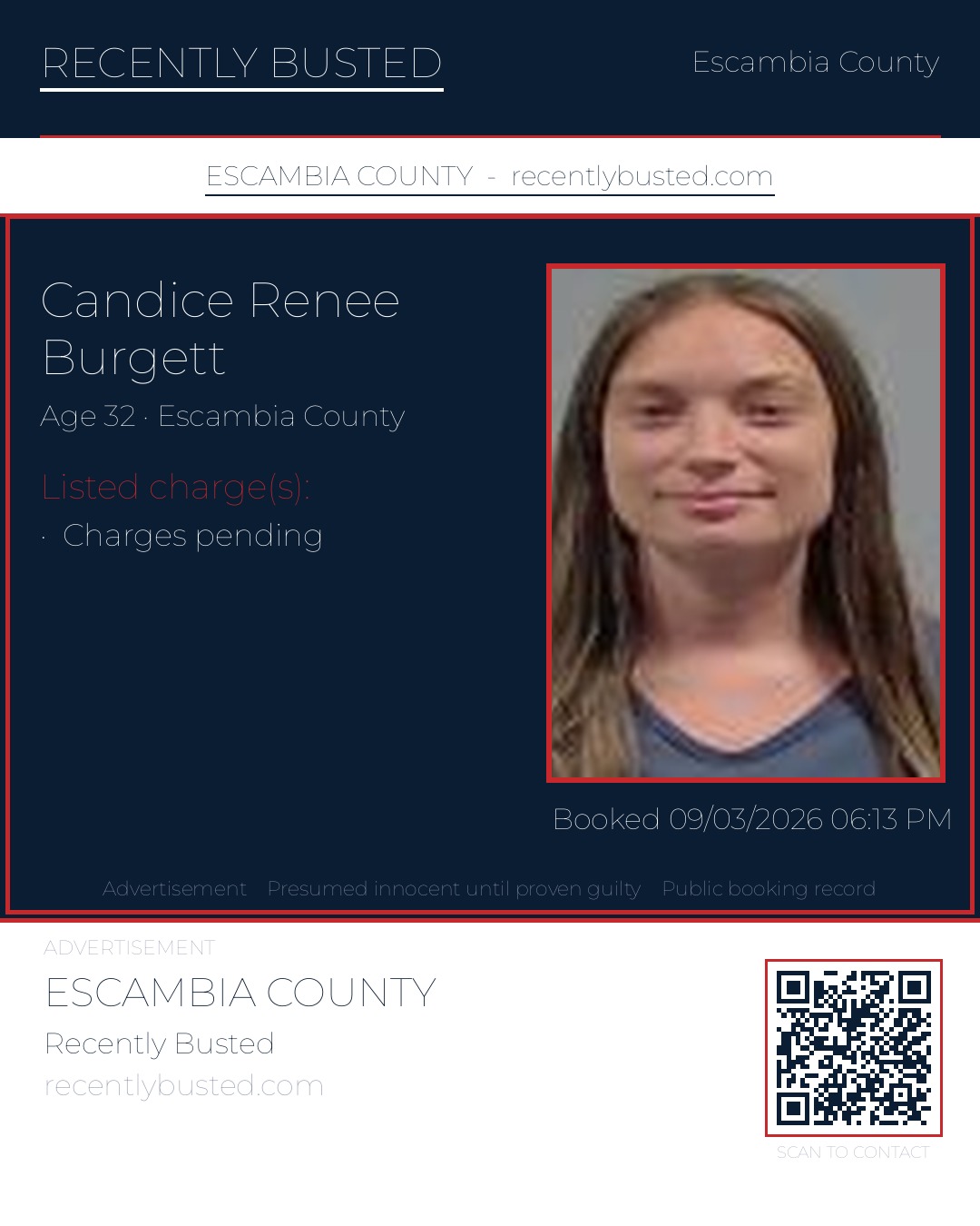 Candice Renee Burgett — arrest record card, Escambia County, Florida