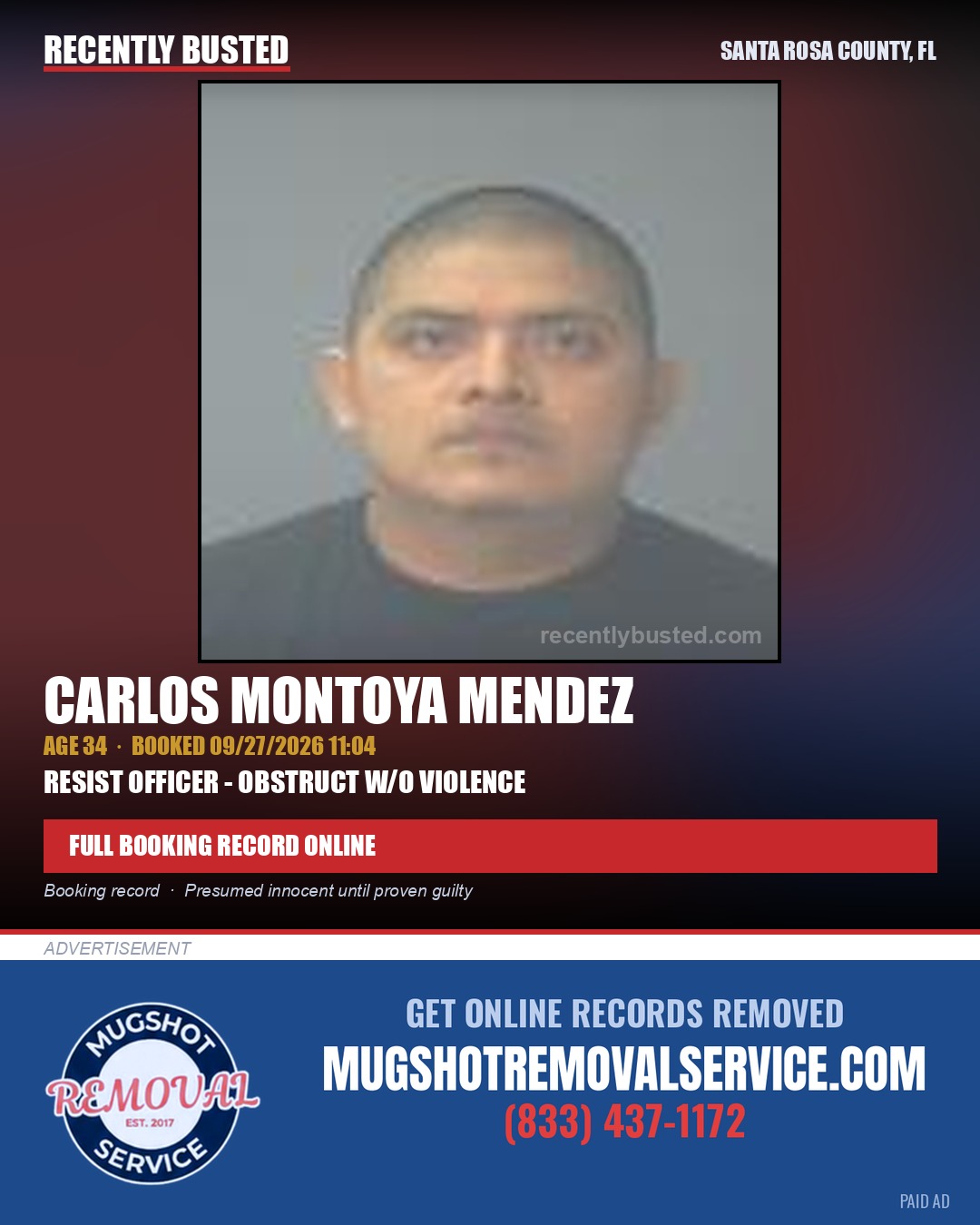 Carlos Montoya Mendez — arrest record card, Santa Rosa County, Florida