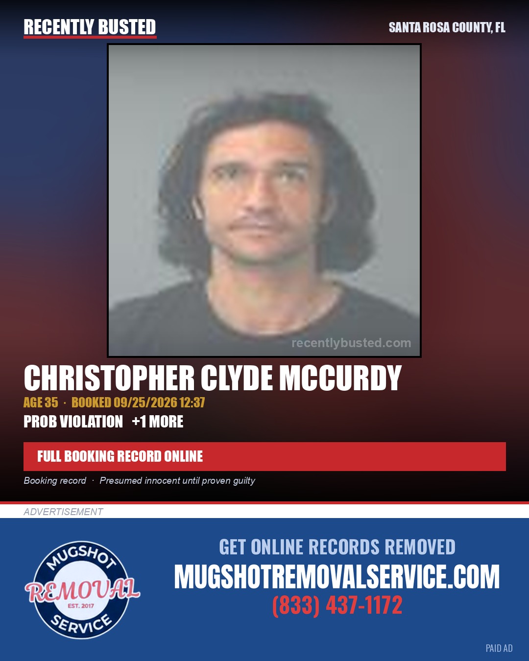 Christopher Clyde Mccurdy — arrest record card, Santa Rosa County, Florida