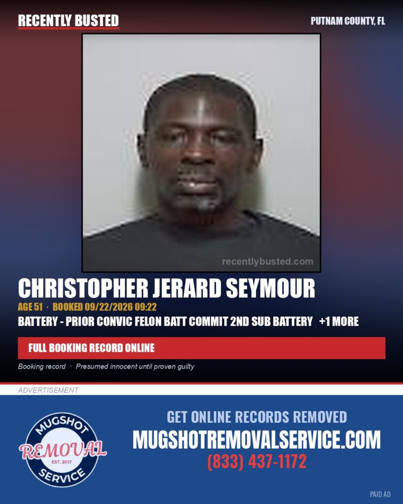 Christopher Jerard Seymour — arrest record card, Putnam County, Florida