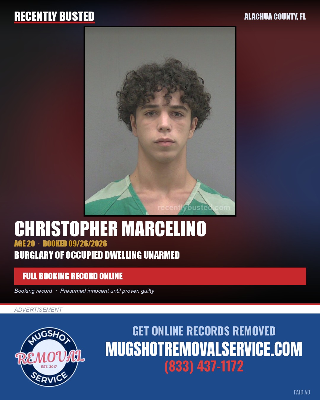 Christopher Marcelino — arrest record card, Alachua County, Florida