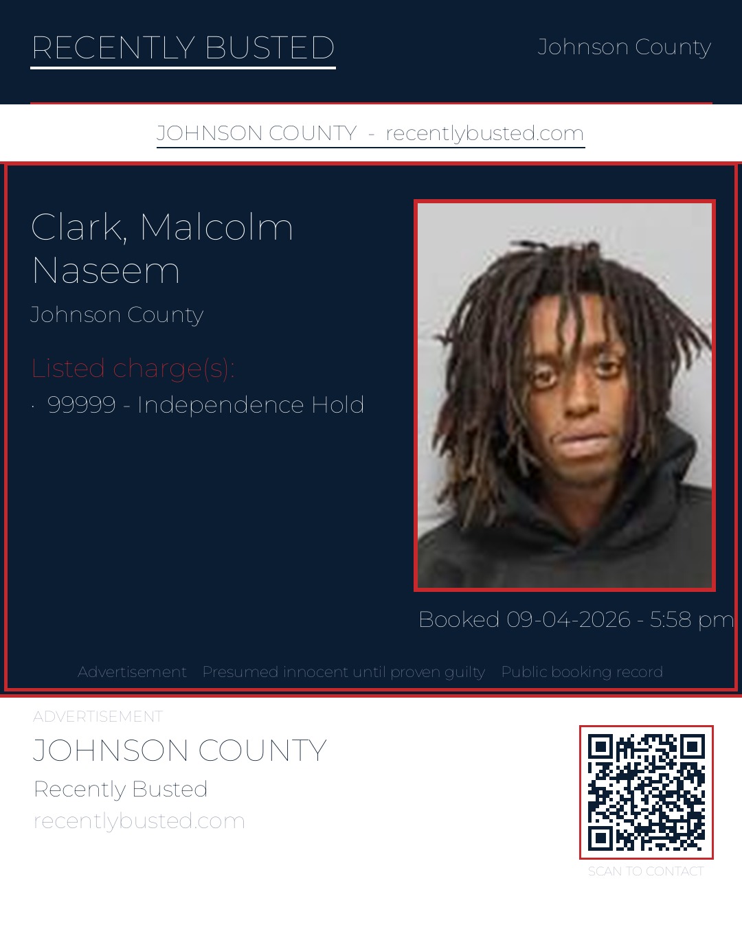 CLARK, MALCOLM NASEEM — arrest record card, Johnson County, Missouri