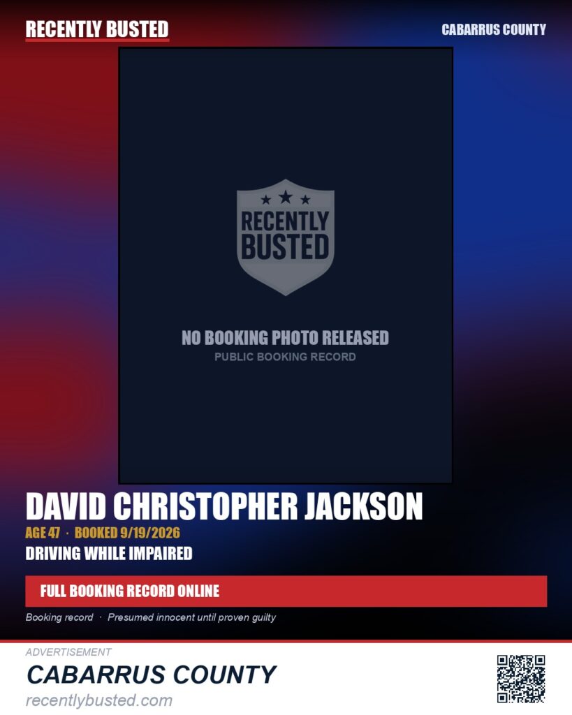 DAVID CHRISTOPHER JACKSON — arrest record card, Cabarrus County