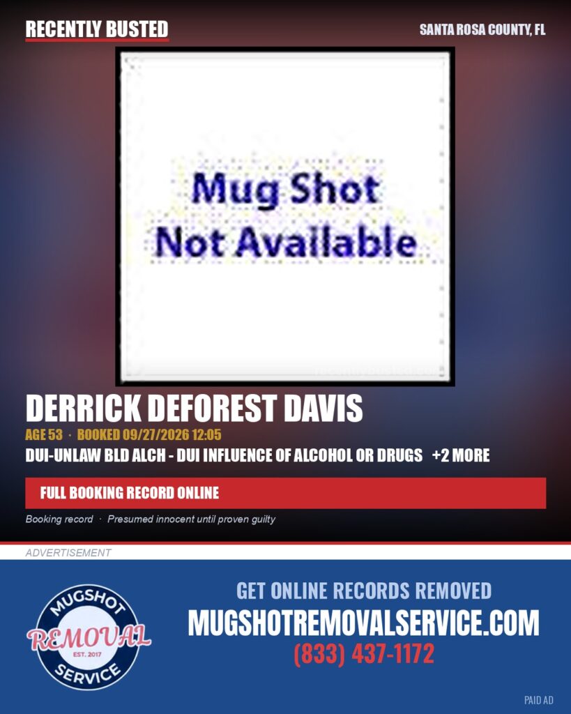 Derrick Deforest Davis — arrest record card, Santa Rosa County, Florida
