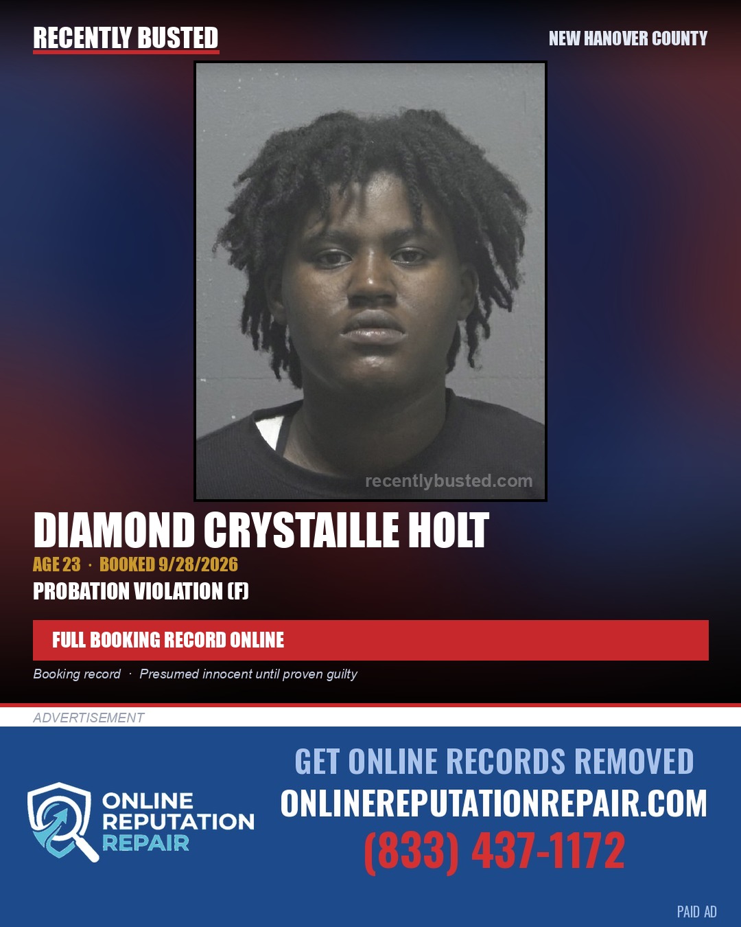 DIAMOND CRYSTAILLE HOLT — arrest record card, New Hanover County