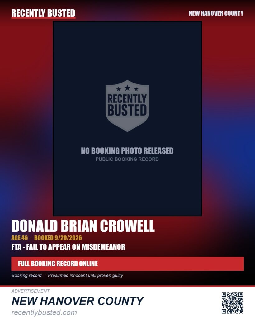 DONALD BRIAN CROWELL — arrest record card, New Hanover County