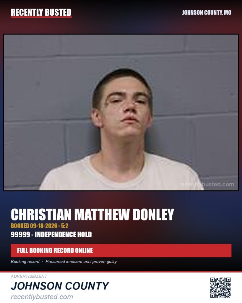 DONLEY, CHRISTIAN MATTHEW — arrest record card, Johnson County, Missouri