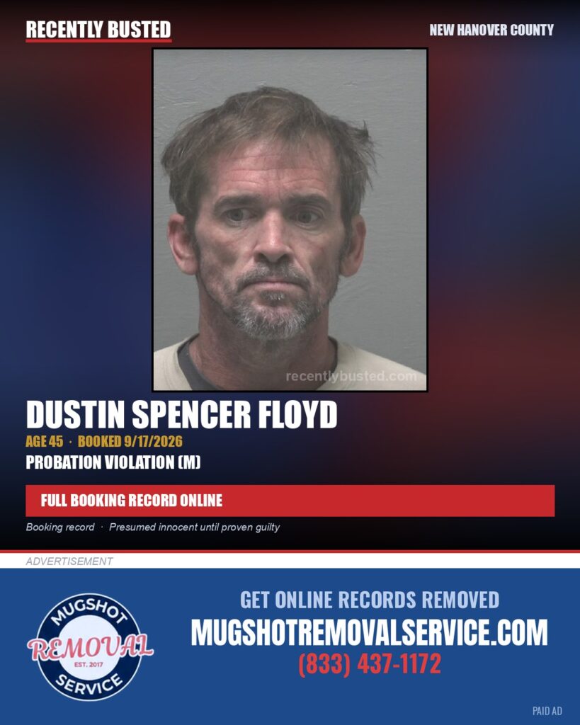 DUSTIN SPENCER FLOYD — arrest record card, New Hanover