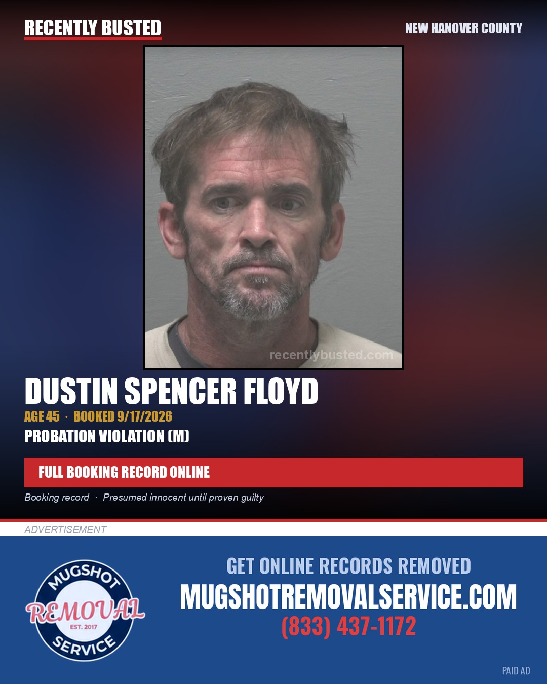 DUSTIN SPENCER FLOYD — arrest record card, New Hanover County