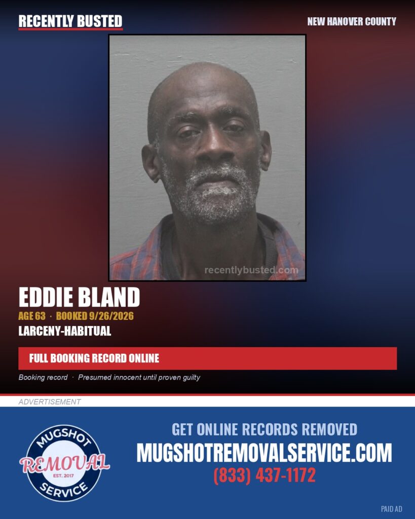 EDDIE BLAND — arrest record card, New Hanover