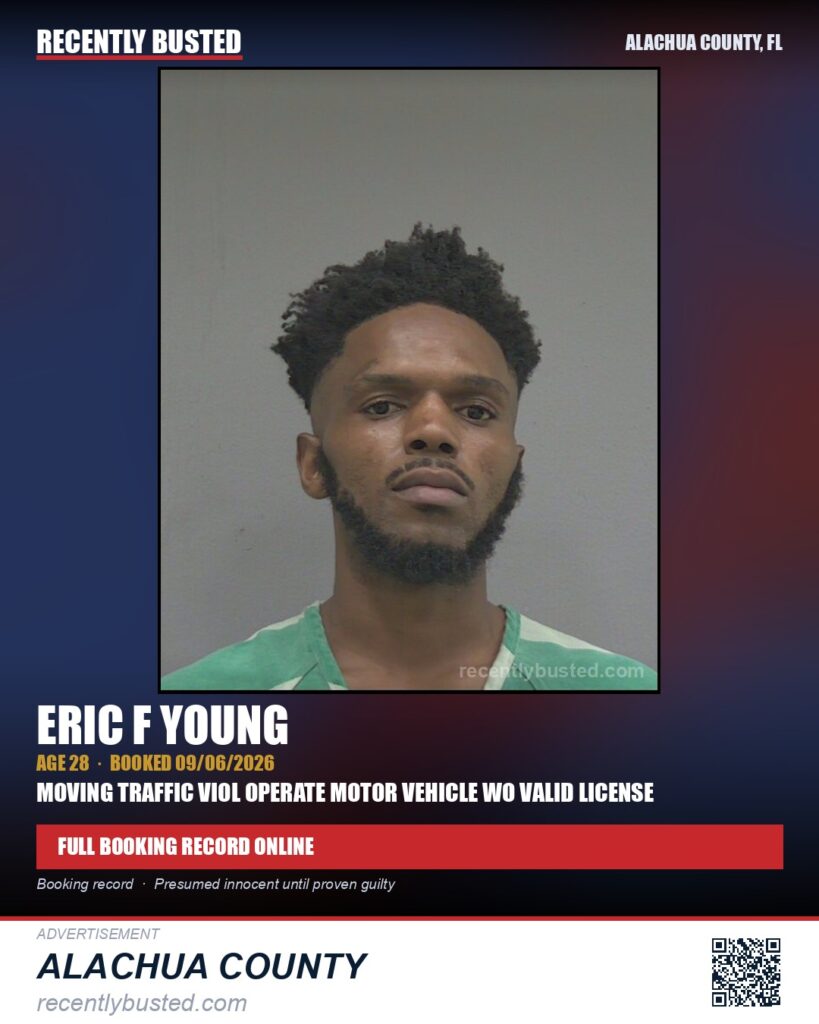 Eric F Young — arrest record card, Alachua County, Florida