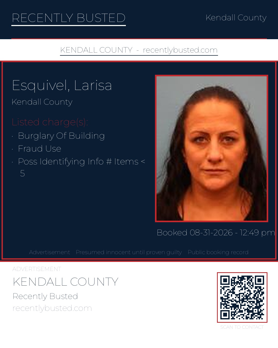 Esquivel, Larisa — arrest record card, Kendall County, Texas