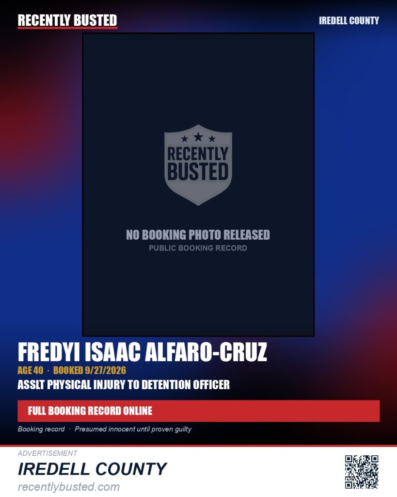 FREDYI ISAAC ALFARO-CRUZ — arrest record card, Iredell County