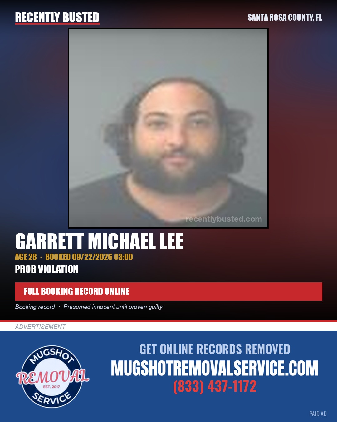 Garrett Michael Lee — arrest record card, Santa Rosa County, Florida
