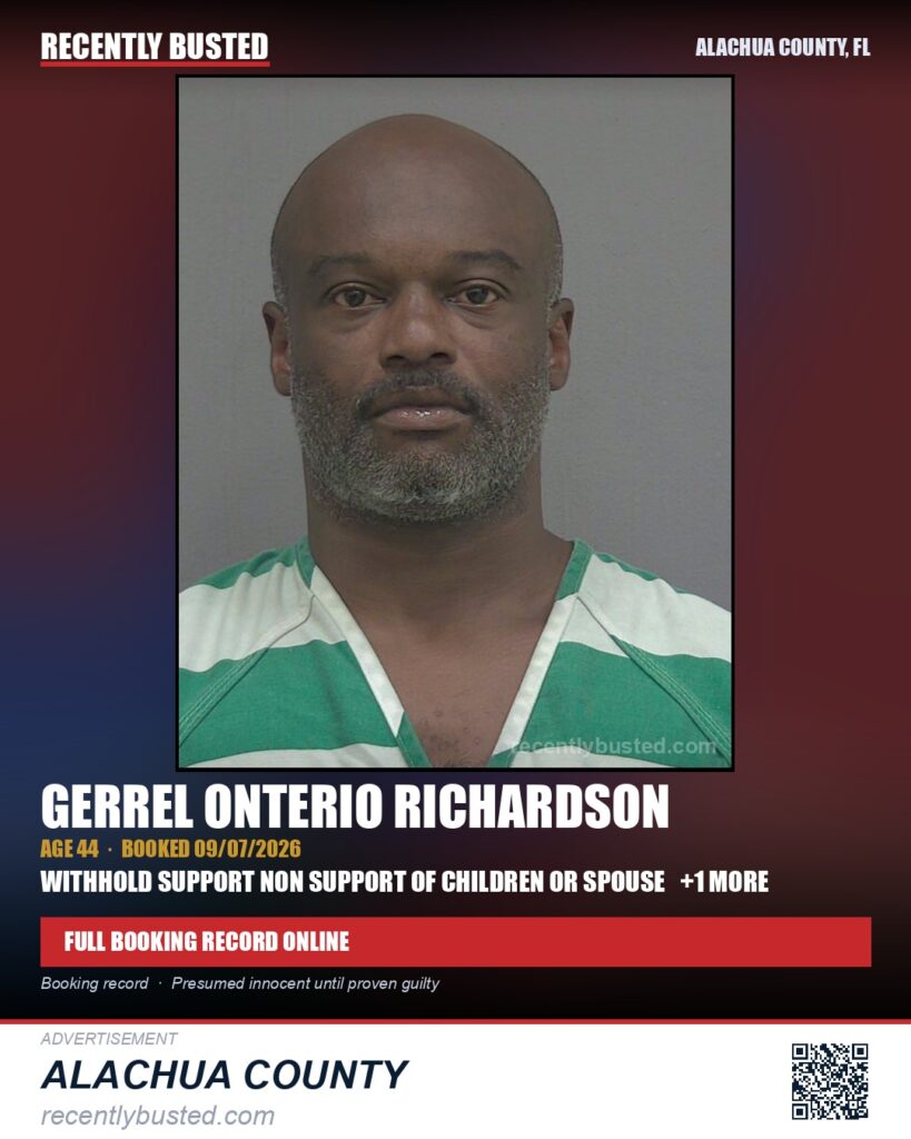 Gerrel Onterio Richardson — arrest record card, Alachua County, Florida