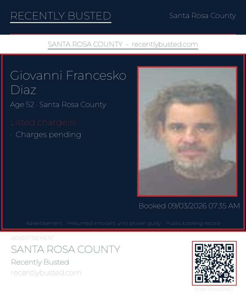 Giovanni Francesko Diaz — arrest record card, Santa Rosa County, Florida
