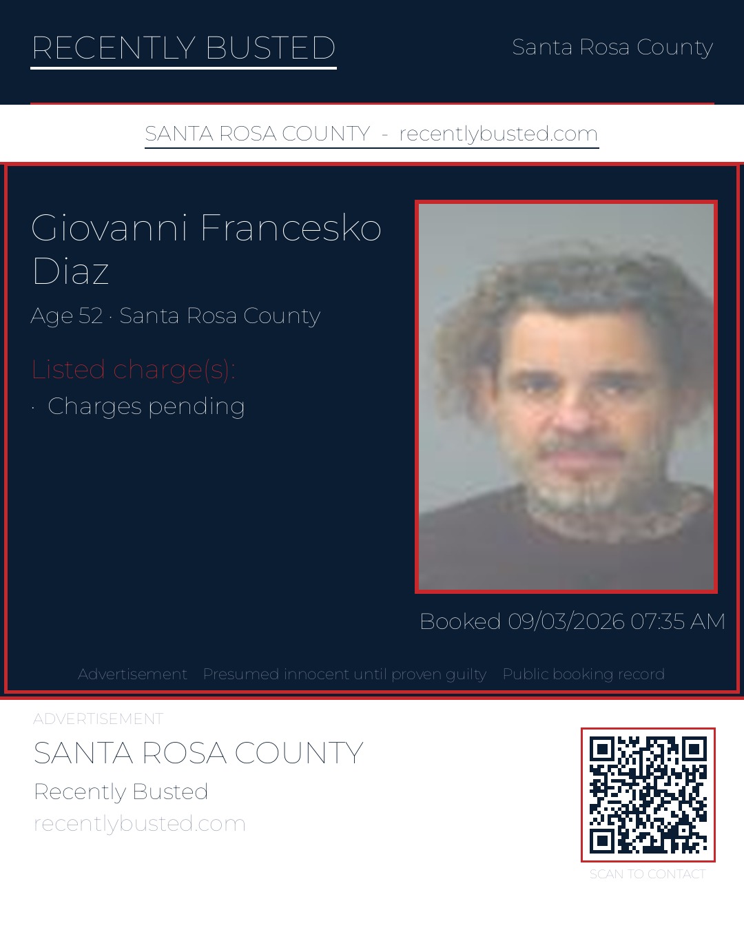 Giovanni Francesko Diaz — arrest record card, Santa Rosa County, Florida