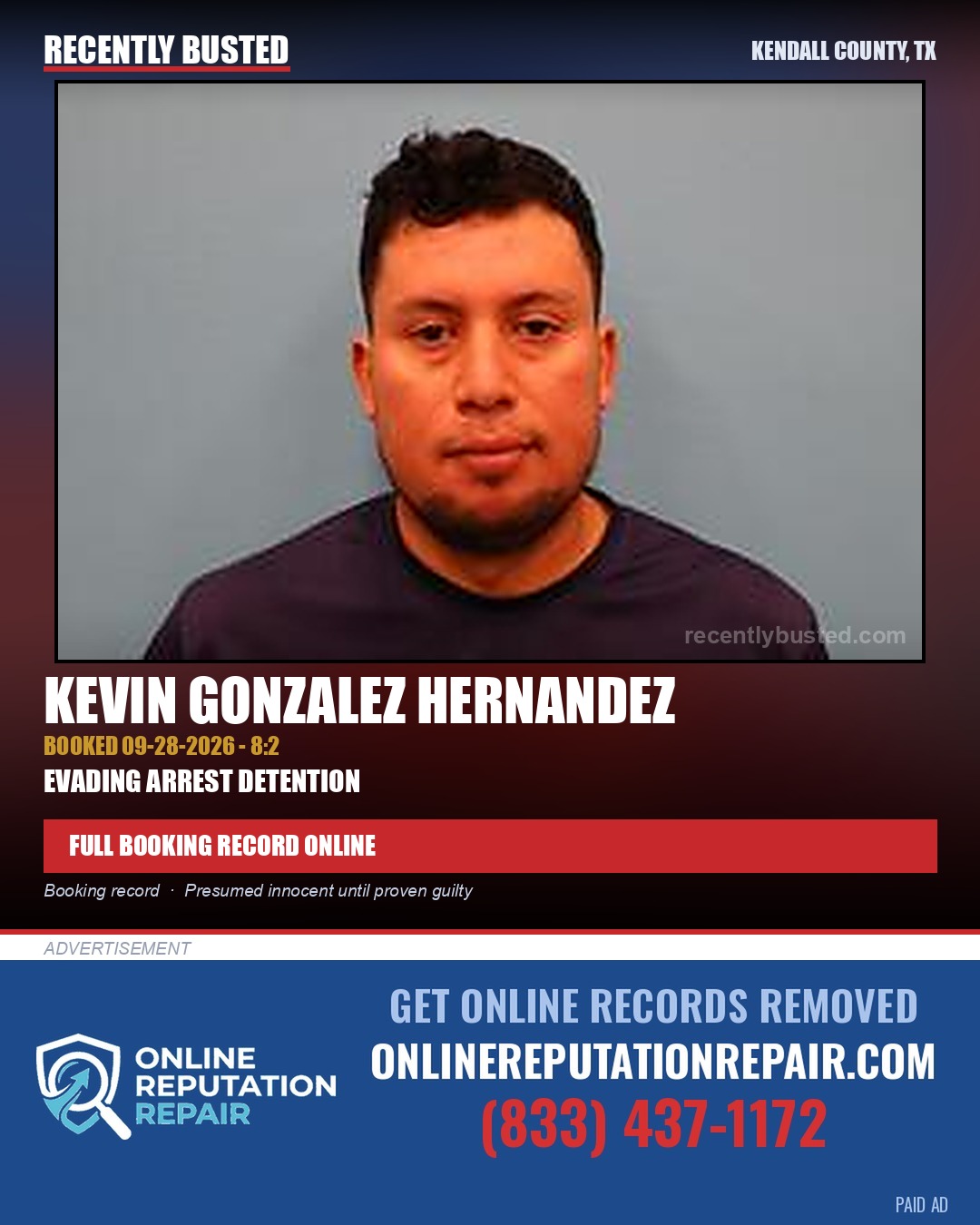 Gonzalez Hernandez, Kevin — arrest record card, Kendall County, Texas
