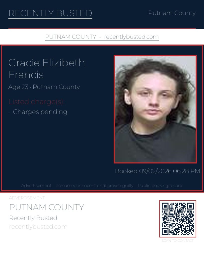 Gracie Elizibeth Francis — arrest record card, Putnam County, Florida