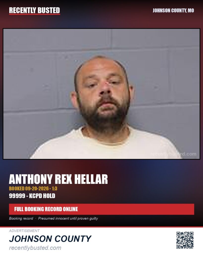 HELLAR, ANTHONY REX — arrest record card, Johnson County, Missouri